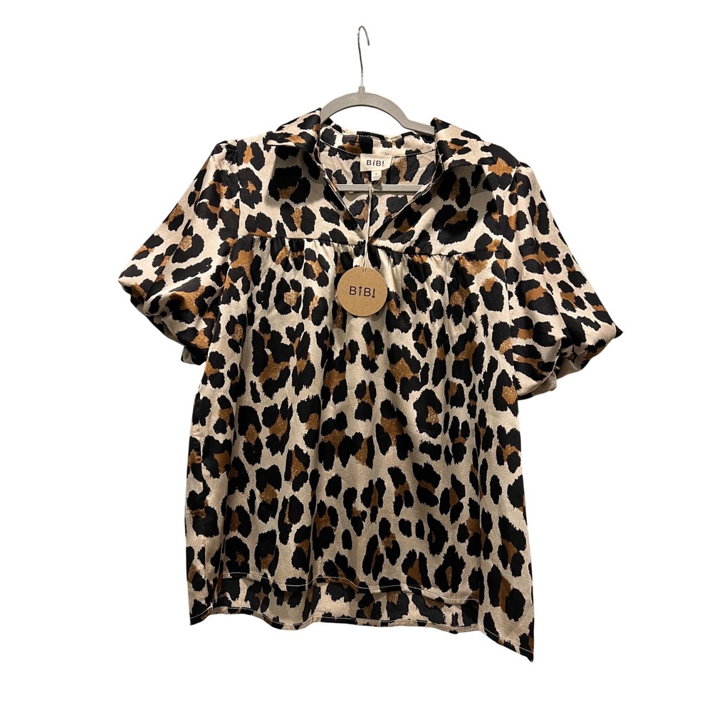 NWT BIBI Leopard Print Collared Puff Sleeve Women's Small